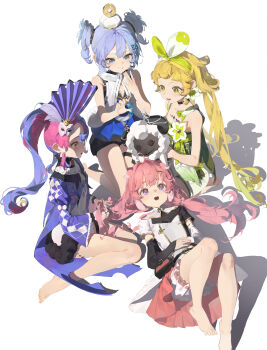4girls absurdres barefoot blonde_hair blue_eyes blue_hair blush brown_hair dress encore_(wuthering_waves) full_body green_eyes hair_ornament highres long_hair mercer_lll multicolored_hair multiple_girls open_mouth pink_eyes pink_hair ponytail purple_eyes purple_hair roccia_(wuthering_waves) short_hair shorts sitting skirt sleeveless smile twintails verina_(wuthering_waves) very_long_hair white_background wuthering_waves youhu_(wuthering_waves)