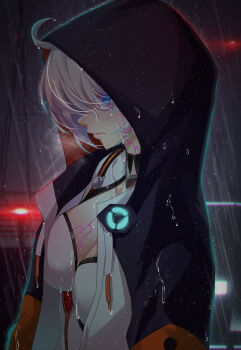 1girl absurdres ahoge blue_eyes bodysuit breasts chinese_commentary cleavage commentary_request corruption from_side highres honkai_(series) honkai_impact_3rd hood hooded_jacket jacket kiana_kaslana kiana_kaslana_(white_comet) large_breasts looking_at_viewer m78_zaitaoaotezhanshi multicolored_jacket rain solo two-tone_jacket white_bodysuit white_hair
