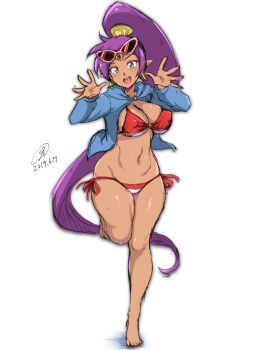 Rule 34 | 1girl, 9rimson, barefoot, bikini, blue eyes, blue jacket, breasts, commentary request, dark-skinned female, dark skin, earrings, eyewear on head, full body, hands up, highres, jacket, jewelry, large breasts, long hair, looking at viewer, navel, open clothes, open jacket, open mouth, pointy ears, ponytail, purple hair, red bikini, shantae, shantae (series), side-tie bikini bottom, simple background, sketch, smile, solo, standing, standing on one leg, sunglasses, swimsuit, very long hair, white background