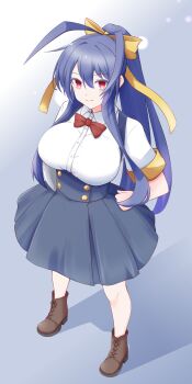 1girl antenna_hair blazblue blue_hair boots genderswap genderswap_(mtf) hair_between_eyes hands_on_own_hips long_hair mai_natsume ponytail red_eyes short_sleeves sidelocks skirt solo