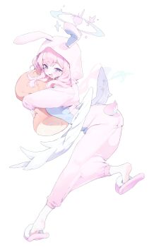1girl absurdres blue_archive highres hug hugging_object low_wings meunhongcha mika_(blue_archive) pajamas pink_hair sandals solo white_background wings