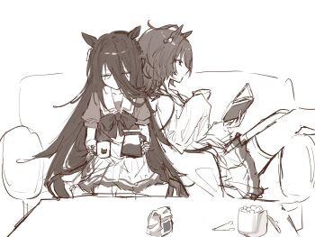 1_llill_i agnes_tachyon_(umamusume) ahoge back-to-back book bow bowtie chemical_structure closed_eyes coffee_bag coffee_mug coffee_pot couch cup ear_tag earrings hair_between_eyes highres holding holding_book holding_coffee_pot holding_cup huge_ahoge jar jewelry lab_coat legs_up long_bangs long_hair long_hair_between_eyes long_sleeves manhattan_cafe_(umamusume) medium_hair mug no_mouth on_couch open_book pleated_skirt puffy_short_sleeves puffy_sleeves reading sailor_collar sailor_shirt school_uniform sepia shirt short_sleeves single_earring sitting skirt sleeves_past_fingers sleeves_past_wrists sugar_cube thighhighs tongs tracen_school_uniform umamusume very_long_hair wolf_cut