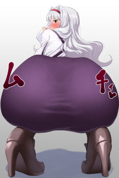 1girl ass blush bo_(bo) commentary_request foreshortening from_behind full_body grey_hair hairband high_heels idolmaster idolmaster_(classic) long_hair looking_at_viewer looking_back paid_reward_available purple_eyes purple_skirt red_hairband shijou_takane skirt solo squatting sweatdrop