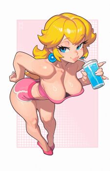 1girl absurdres alternate_costume arm_behind_back ass bandeau bare_arms bare_legs bare_shoulders blonde_hair blue_eyes border breasts cleavage closed_mouth commentary cup dolphin_shorts drink drinking drinking_straw drinking_straw_in_mouth earrings english_commentary eyebrows_hidden_by_hair from_above full_body half-closed_eyes hand_on_own_ass hand_up high_heels highres holding holding_cup holding_drink jewelry large_breasts leaning leaning_forward long_hair looking_at_viewer looking_up mario_(series) marsupial_man midriff nintendo outside_border pink_background pink_bandeau pink_heels pink_lips pink_nails pink_shoes pink_tube_top princess_peach seductive_smile shiny_skin shoes short_shorts shorts sideways_glance simple_background smile solo standing strapless tube_top white_border