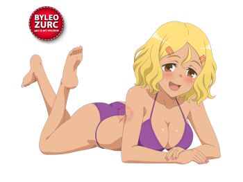 1girl ass barefoot blonde_hair bra breasts brown_eyes dark-skinned_female dark_skin feet ijiranaide_nagatoro-san leozurcxxx open_mouth panties pink_nails sakura_(nagatoro) short_hair solo swimsuit underwear