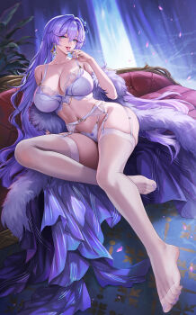1girl absurdres alternate_breast_size_(larger) bare_shoulders blue_eyes blue_flower blue_hair bra breasts cantarella_(wuthering_waves) chinese_commentary cleavage collarbone colored_inner_hair commentary_request curtains earrings facial_mark fingernails flower full_body garter_belt hair_between_eyes hair_flower hair_ornament hand_up highres huge_breasts indoors jewelry kacyu long_fingernails long_hair looking_at_viewer mark_under_eye mole mole_under_eye multicolored_hair nail_polish navel navel_piercing no_shoes paid_reward_available panties piercing purple_hair purple_nails purple_petals sitting smile solo tacet_mark_(wuthering_waves) thighhighs thighs toenail_polish toenails tongue tongue_out underwear underwear_only very_long_hair white_bra white_garter_belt white_panties white_thighhighs wuthering_waves
