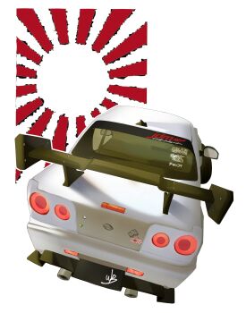 absurdres barcode car commentary_request domo-kun highres motor_vehicle nhk_(broadcaster) nissan no_humans rising_sun_flag signature solo sunburst vehicle_focus watblood white_background