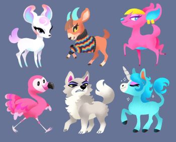 2boys 4girls animal_crossing bird blue_horse brown_fur deer diana_(animal_crossing) earrings fang_(animal_crossing) flamingo flora_(animal_crossing) fuchsia_(animal_crossing) goat grey_background grey_wolf jewelry julian_(animal_crossing) kweerly multiple_boys multiple_girls nintendo pashmina_(animal_crossing) pink_fur sparkle sparkling_aura tail unicorn unicorn_horn white_fur wolf