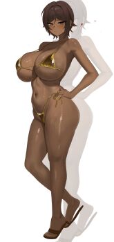 1girl absurdres alternate_breast_size_(larger) bikini blush breasts brown_eyes brown_hair closed_mouth collarbone commentary curvy dark-skinned_female dark_skin feet full_body gold_bikini hair_between_eyes hands_on_own_hips heart highres huge_breasts legs limbus_company looking_at_viewer navel outis_(project_moon) pmlbtmlorlc project_moon sandals short_hair side-tie_bikini_bottom simple_background solo stomach swimsuit thick_thighs thighs toes wet white_background