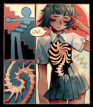 1girl black_border blue_background blue_skirt blunt_bangs bob_cut body_horror bone border closed_eyes collared_shirt color_contrast commentary cowboy_shot english_commentary english_text feefal grey_hair hand_up highres open_mouth orange_background orange_border original pain pleated_skirt ribs school_uniform scoliosis shirt short_hair skirt solo speech_bubble spine stairs standing surreal warm_colored white_shirt