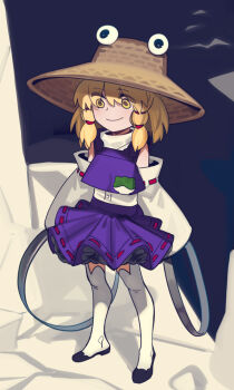 Rule 34 | 1girl, animal print, black shoes, blonde hair, boa (brianoa), brown hat, chakram, closed mouth, commentary, detached sleeves, dual wielding, english commentary, frog print, full body, hair ribbon, hat, holding, holding weapon, long hair, moriya's iron rings, moriya suwako, purple skirt, purple vest, red ribbon, ribbon, ribbon-trimmed skirt, ribbon-trimmed sleeves, ribbon trim, shoes, skirt, skirt set, smile, solo, thighhighs, touhou, tress ribbon, vest, weapon, white thighhighs, wide sleeves, yellow eyes
