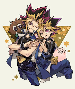 Rule 34 | 2boys, belt, black belt, black shirt, blonde hair, blue pants, bracelet, commentary request, cropped legs, crossed arms, crossed legs, duel monster, eye contact, highres, jewelry, kuriboh, looking at another, looking to the side, male focus, multicolored hair, multiple boys, muto yugi, open mouth, pants, purple eyes, purple hair, saka nagiya, shirt, sideways glance, sitting, sleeveless, sleeveless shirt, smile, spiked hair, star (symbol), studded belt, two-tone hair, white background, yami yugi, yu-gi-oh!, yu-gi-oh! duel monsters