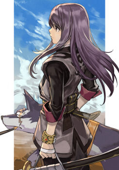 1boy black_eyes black_hair black_shirt character_request copyright_request cowboy_shot from_behind hungry_clicker katana long_hair male_focus shirt smoking_pipe smoking_pipe_in_mouth solo_focus sword weapon wolf