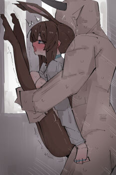 1boy 1girl age_difference amiya_(arknights) arknights black_horns blue_choker blue_eyes blush breast_press breasts brown_hair brown_pantyhose carrying carrying_person choker clenched_hand clothed_female_nude_male clothed_sex completely_nude demon_horns dress_shirt ear_blush empty_eyes feet feet_up folded from_side grabbing_from_behind hetero highres horns jewelry legs_up long_hair long_sleeves matutake_(matutake_yk0) medium_breasts motion_lines multiple_rings muscular muscular_male no_bra no_shoes nose_blush nude open_mouth pantyhose pointy_ears ponytail pussy_juice rabbit_ears rabbit_girl rape ring saliva sarkaz_swordsman_(arknights) sex sex_from_behind shirt size_difference standing standing_sex sweat torn_clothes torn_pantyhose vaginal white_shirt