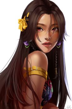 1girl abs armlet bare_shoulders black_hair breasts dark-skinned_female dark_skin eman_(eno_b_art) hair_ribbon highres jewelry large_breasts long_hair miary_zo namco outdoors red_eyes ribbon tekken tekken_8 white_background yellow_ribbon