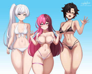 3girls alternate_costume arm_at_side artist_name bare_arms bare_shoulders bikini black_bikini black_choker black_hair blue_background blue_eyes bracelet breasts breasts_apart brown_eyes brown_hair choker cleavage collarbone colored_tips commentary cowboy_shot cslucaris curvy double-parted_bangs english_commentary front-tie_bikini_top front-tie_top gluteal_fold gradient_background gradient_hair grey_eyes grin groin hand_up hands_up heterochromia high_side_ponytail highres jewelry large_breasts light_blush linea_alba long_hair looking_at_viewer lowleg lowleg_bikini medium_breasts multi-strapped_bikini_bottom multicolored_bikini multicolored_hair multiple_girls navel neapolitan_palette neopolitan_(rwby) o-ring o-ring_bikini o-ring_bikini_bottom o-ring_top one_eye_closed open_hands open_mouth parted_bangs patreon_username pear-shaped_figure pink_bikini pink_eyes pink_hair ponytail red_hair ruby_rose rwby scar scar_across_eye scar_on_face scar_on_stomach short_hair side-by-side side-tie_bikini_bottom side_ponytail sideboob single_sidelock smile split-color_hair standing stomach straight-on strap_pull string_bikini swimsuit teeth thick_thighs thigh_gap thigh_strap thighs two-tone_bikini two-tone_hair underboob upper_teeth_only very_long_hair waving weiss_schnee white_bikini white_hair wide_hips