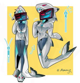 1girl animal_costume breasts cleavage collarbone colored_sclera colored_skin commentary_request doa_(men_sang) full_body genderswap genderswap_(mtf) green_eyes grey_skin grin hazbin_hotel hellaverse heterochromia highres large_breasts long_sleeves red_sclera shark_costume sharp_teeth sleepy smile standing teeth vox_(hazbin_hotel) white_background yellow_background