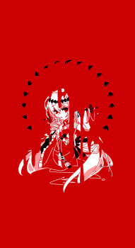 1girl :| arknights ascot closed_mouth crying dot_nose dress expressionless hair_ornament hair_stick hand_on_own_chin highres long_hair looking_at_viewer melting monochrome negative_space red_background red_eyes red_theme simple_background skadi_(arknights) skadi_the_corrupting_heart_(arknights) solo xity