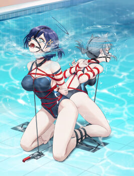 2girls absurdres animal_ear_fluff animal_ears arms_behind_back asphyxiation bare_shoulders bdsm blue_archive blue_eyes blue_one-piece_swimsuit bondage bound bound_arms bound_breasts bound_legs bound_together bound_torso bound_wrists box_tie breasts chihiro_(blue_archive) collarbone covered_erect_nipples crotch_rope drowning female_focus gag gag_harness gagged glasses grey_hair halo highres kneeling kumachi_(aikawaakeya) large_breasts large_variant_set medium_hair multiple_girls one-piece_swimsuit ponytail pool predicament_bondage purple_hair restrained ring_gag shibari shibari_over_clothes shiroko_(blue_archive) skindentation swimsuit tongue tongue_out torture variant_set