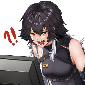 !? 1girl absurdres bare_shoulders black_hair breasts buckle commentary cross-laced_clothes elbow_gloves english_commentary gloves goddess_of_victory:_nikke highres jitome k_(nikke) kefibara looking_at_screen medium_breasts meme messy_hair monitor multicolored_hair open_mouth pouch sidelocks sleeveless solo strap tai_lung_looking_at_computer_(meme) transparent_background tunic upper_body white_hair yellow_eyes