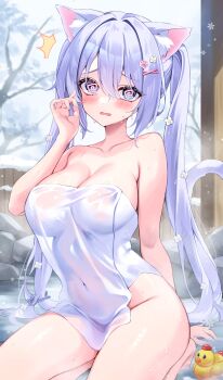 1girl @_@ ^^^ absurdres animal_ears blue_eyes blush breasts cat_ears cat_girl cat_tail check_copyright cleavage collarbone commentary_request copyright_request covered_navel eneru_(enepuni) hair_between_eyes hand_up highres large_breasts long_hair looking_at_viewer naked_towel onsen original outdoors parted_lips purple_hair rubber_duck seiza signature sitting snowing solo tail towel twintails very_long_hair wet_towel