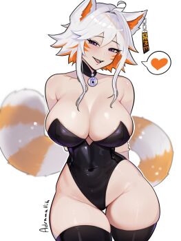 1girl adramallih ahoge alternate_costume animal_ear_piercing animal_ears arms_behind_back artist_name bare_shoulders black_choker black_leotard black_thighhighs blurry blurry_background blush breasts choker cleavage colored_inner_hair commentary contrapposto covered_groin covered_navel cowboy_shot curvy demenishki depth_of_field ear_tag english_commentary facial_mark fang grey_hair heart highleg highleg_leotard highres indie_virtual_youtuber jewelry large_breasts leotard long_sidelocks looking_at_viewer multicolored_hair nontraditional_playboy_bunny open_mouth orange_hair purple_eyes red_panda_ears red_panda_girl red_panda_tail seductive_smile shiny_skin sidelocks signature simple_background skin_tight skindentation smile solo spoken_heart strapless strapless_leotard thick_thighs thighhighs thighs virtual_youtuber whisker_markings white_background