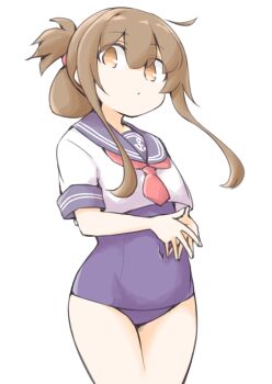 Rule 34 | 1girl, akara kai, blue one-piece swimsuit, blue sailor collar, blush, brown eyes, brown hair, commentary request, covered navel, cowboy shot, folded ponytail, hair ornament, hairclip, highres, inazuma (kancolle), kantai collection, long hair, looking at viewer, old school swimsuit, one-piece swimsuit, sailor collar, school swimsuit, school uniform, shirt, short sleeves, solo, swimsuit, swimsuit under clothes, white background, white shirt