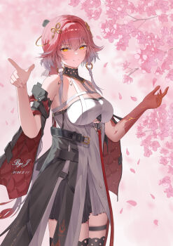 Rule 34 | 1girl, absurdres, artist name, bare shoulders, bgij, black collar, black jacket, blush, body markings, breasts, changli (wuthering waves), closed mouth, collar, colored extremities, commentary, cowboy shot, dated, detached sleeves, dress, hair intakes, hair ornament, highres, jacket, large breasts, looking at viewer, orange eyes, petals, pink hair, pink petals, red hands, smile, solo, tacet mark (wuthering waves), thigh strap, white dress, wuthering waves