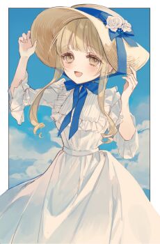 1girl absurdres blonde_hair blue_sky blush cloud commentary dress hat highres kyuumura long_hair open_mouth original sidelocks sky smile solo sun_hat symbol-only_commentary white_dress yellow_eyes
