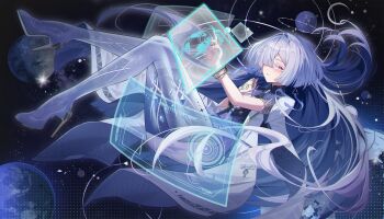 1girl colored_eyelashes commentary dress earrings earth_(planet) from_side full_body grey_hair hair_ornament hand_up high_heels highres holographic_interface jacket jewelry laosi_j long_hair looking_at_viewer mornye_(wuthering_waves) parted_lips planet purple_dress red_eyes see-through_body solo space tacet_mark_(wuthering_waves) triangle_earrings very_long_hair white_jacket wuthering_waves