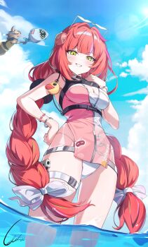 1girl 2others absurdres bikini_top_under_shirt bikini_under_clothes blush bracelet charm_(object) corsa_24 eyewear_on_head facial_mark green_eyes hair_ornament hair_ribbon hearing_aid heart heart-shaped_eyewear heart_facial_mark highres in_water jewelry kamanosuke_(zenless_zone_zero) multiple_others one-piece_swimsuit panties pink_one-piece_swimsuit raccoon red_hair ribbon rubber_duck sharkboo_(zenless_zone_zero) smile sphere_hair_ornament sunglasses swimsuit tanuki thigh_strap thighs two-tone_one-piece_swimsuit ukinami_yuzuha ukinami_yuzuha_(tanuki_in_broad_daylight) underwear water_gun white_panties white_ribbon zenless_zone_zero