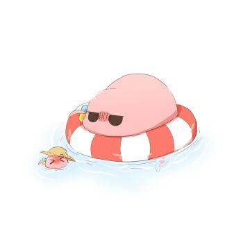 >_< afloat bocchi_the_rock! commentary_request cube_hair_ornament gotoh_hitori gotoh_hitori_(octopus) gotoh_hitori_(tsuchinoko) hair_ornament hat lifebuoy no_humans rebecca_(keinelove) simple_background sun_hat swim_ring water white_background