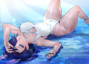 1girl animal_ears animal_nose artist_name bare_legs black_hair blue_eyes blue_hair breasts commentary commission covered_erect_nipples covered_navel english_commentary highres large_breasts long_hair lying on_back one-piece_swimsuit original pita-potato rabbit_ears rabbit_girl smile solo swimsuit teeth water white_one-piece_swimsuit