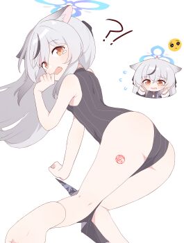 !? 1girl above-cleavage_cutout absurdres animal_ear_fluff animal_ears arm_support ass bare_arms bare_legs barefoot bent_over black_bow black_dress blue_archive blue_halo blush bow breasts chibi chibi_inset china_dress chinese_clothes clothing_cutout crying crying_with_eyes_open diamond_cutout dithering dress embarrassed emoji extra_ears feet floppy_ears flying_sweatdrops from_behind grey_hair hagoonha hair_between_eyes hair_bow hair_over_one_eye halo hand_up hands_up highres holding holding_own_hair kneepits kokona_(blue_archive) loli long_hair looking_at_viewer multicolored_hair no_panties orange_eyes pelvic_curtain side_slit sidelocks simple_background sleeveless sleeveless_dress small_breasts soles solo stamp_mark streaked_hair striped_dress tearing_up tears thighs tiger_ears vertical-striped_clothes vertical-striped_dress very_long_hair white_background