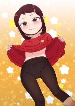 1girl becky_blackbell black_pantyhose blush boots bow bow_panties brown_boots brown_eyes brown_hair closed_mouth clothes_lift collarbone cosplay dot_nose dress dutch_angle eyebrows eyelashes feet_out_of_frame female_focus flat_chest from_below hair_ornament hairclip highres lifting_own_clothes loli looking_at_viewer looking_down morfinared navel official_alternate_costume panties panties_under_pantyhose pantyhose pov presenting red_sweater short_hair_with_long_locks simple_background smile solo spy_x_family standing sweater sweater_dress sweater_lift thighs underwear yellow_background yor_briar yor_briar_(cosplay)