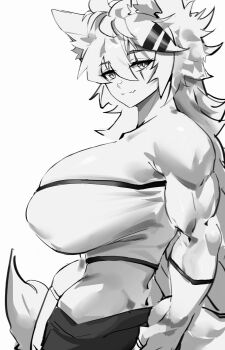 1girl alternate_breast_size_(larger) animal_ears arknights bandeau bare_shoulders blush breasts commentary_request covered_erect_nipples fang from_side hair_between_eyes hair_ornament hairclip highres huge_breasts ikamochi_kalong lappland_(arknights) muscular muscular_female scar scar_across_eye scar_on_face simple_background skin_fang smile solo split_mouth tail upper_body white_background wolf_ears wolf_girl wolf_tail
