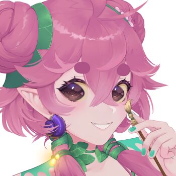 1girl absurdres ahoge bad_link colored_skin flower froggyloch froggyloch_(vtuber) green_nails hair_bun hair_flower hair_ornament highres indie_virtual_youtuber leaf looking_at_viewer paintbrush pink_hair pink_skin red_eyes sidelocks snail_shell teeth transparent_background virtual_youtuber