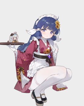 1girl absurdres apron black_shoes blue_hair blunt_tresses character_doll doll female_tyrant_(stella_sora) flower full_body gloves grey_background hair_flower hair_ornament highres i!roha japanese_clothes kimono long_hair long_sleeves looking_at_viewer maid maid_apron maid_headdress nanoha_(stella_sora) obi pantyhose purple_eyes sash shoes simple_background solo stella_sora sunflower sunflower_hair_ornament tyrant_(stella_sora) wa_maid white_apron white_gloves white_pantyhose wide_sleeves