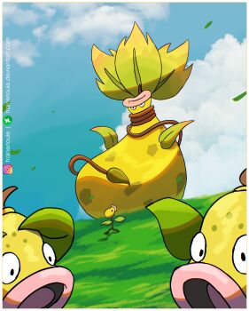 absurdres bellsprout blue_sky border closed_mouth cloud commentary day deviantart_logo deviantart_username evolutionary_line gen_1_pokemon grass highres instagram_logo instagram_username leaf mega_pokemon mega_victreebel nintendo no_humans open_mouth outdoors pink_lips plant pokemon pokemon_(creature) pokemon_focus sky trainerlouie victreebel vines weepinbell white_border