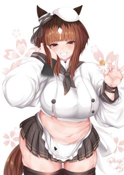 1girl absurdres animal_ears apron belly beret black_skirt black_thighhighs blunt_bangs blush bob_cut bow bready_(nikke) bready_(nikke)_(cosplay) breasts brown_hair candy cellulite commentary_request cosplay cowboy_shot ear_ribbon fat food goddess_of_victory:_nikke grey_ribbon grin hand_on_own_cheek hand_on_own_face hat highres hisagi_(hisagi00) holding holding_candy holding_food holding_lollipop horse_ears horse_girl horse_tail lollipop long_sleeves looking_at_viewer medium_hair miniskirt multicolored_hair pleated_skirt roots_(hair) shirt skindentation skirt smile solo tail thighhighs transcend_(umamusume) umamusume white_apron white_hat white_shirt