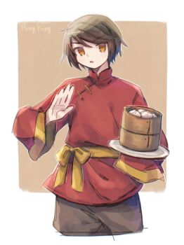 1boy axis_powers_hetalia bamboo_steamer black_hair black_pants border bow brown_background character_name chinese_clothes commentary_request empty_eyes hair_between_eyes hands_up holding holding_plate hong_kong_(hetalia) long_sleeves looking_at_viewer male_focus mandarin_collar ne0_kizuna_sub7 open_mouth outside_border pants plate red_shirt shirt short_hair simple_background solo white_border wide_sleeves yellow_bow yellow_eyes