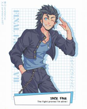 1boy bandaid bandaid_on_cheek bandaid_on_face black_hair black_jacket black_pants blue_eyes blue_shirt character_name checkered_background collarbone commentary cowboy_shot cross_scar delinquent english_commentary english_text facial_scar final_fantasy final_fantasy_vii final_fantasy_vii:_ever_crisis gakuran grin hand_in_pocket hand_up highres jacket jewelry looking_at_viewer male_focus necklace official_alternate_costume one_eye_closed open_clothes open_jacket pants ranguage sarafabrizi scar scar_on_cheek scar_on_face school_uniform shirt short_hair smile solo spiked_hair wallet_chain zack_fair zack_fair_(midgard_seventh_high_school)