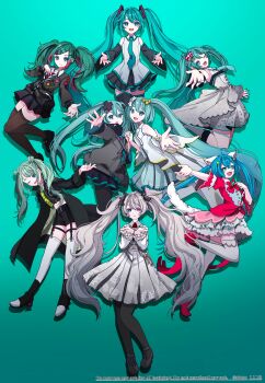 25-ji_miku 6+girls absurdres animal_ears aqua_eyes aqua_hair aqua_nails bare_shoulders batsu_miku belt black_belt black_boots black_bow black_coat black_pantyhose black_shoes black_shorts black_skirt blue_background blue_hair boots bow cardigan cat_ears cat_girl cat_tail chest_bow coat coattails collared_shirt commentary_request detached_sleeves double_bun dress floral_print frilled_dress frills full_body gradient_clothes gradient_dress gradient_sleeves green_eyes green_hair grey_cardigan grey_dress grey_hair grey_jacket grey_sleeves grey_thighhighs hair_between_eyes hair_bow hair_bun hair_ornament hairclip hand_on_own_hip hands_up hatsune_miku heterochromia high_heels highres hiramado_miku holding holding_toy jacket knee_boots kowareta_sekai_to_utaenai_miku leo/need_miku long_hair long_sleeves looking_at_viewer midriff miku_day more_more_jump!_miku multicolored_hair multiple_girls multiple_persona navel open_clothes open_coat open_mouth pantyhose pink_bow pink_dress pink_eyes pink_streaks pleated_skirt project_sekai red_shoes rimu_1112 sample_watermark shirt shoes short_dress shorts sidelocks simple_background skirt sleeveless smile standing star_(symbol) star_hair_ornament streaked_hair striped_bow swept_bangs tail thighhighs toy toy_train turtleneck turtleneck_jacket twintails twintails_with_braided_base very_long_hair vivid_bad_squad_miku vocaloid watermark white_boots white_dress white_shirt white_skirt white_sleeves white_thighhighs wide_sleeves wonderlands_x_showtime_miku x_hair_ornament zettai_ryouiki