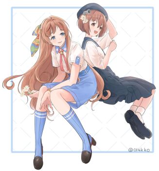 2girls back-to-back black_shoes blue_eyes blue_hat blue_sailor_collar blue_skirt blue_socks blunt_bangs brown_eyes brown_hair denim denim_skirt flower full_body hair_flower hair_ornament hair_ribbon hat headgear helena_(kancolle) helena_(kure)_(kancolle) highres kantai_collection kokko_(014kko) long_hair long_skirt looking_at_viewer looking_back multicolored_ribbon multiple_girls neck_ribbon red_ribbon ribbon sailor_collar sailor_shirt shirt shoes short_hair skirt smile socks watch white_background white_shirt white_socks wristwatch yukikaze_(kancolle) yukikaze_(kure_2025)_(kancolle)