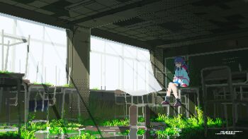 1girl abandoned animated animated_gif black_shoes blue_eyes blue_hair ceiling chalkboard classroom curtains desk dithering hair_ornament highres indoors jacket light_particles light_rays long_hair looping_animation on_desk original overgrown pixel_art puddle reflection reflective_liquid scenery school_desk seaeees shoes sitting solo sunlight water white_jacket wide_shot wind