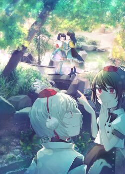 Rule 34 | 4girls, :s, absurdres, armor, backlighting, black bow, black bowtie, black hair, black skirt, black socks, black trim, blue armor, blue cape, blue dress, blue hat, blue shorts, blunt bangs, blurry, bokeh, bow, bowtie, brown hair, bush, cape, capelet, closed mouth, covering own mouth, dappled sunlight, depth of field, detached sleeves, double-parted bangs, dress, frilled dress, frills, from behind, geta, green dress, grin, hair between eyes, hand over own mouth, hashtag-only commentary, hat, hiding, highres, holding hands, iizunamaru megumu, inubashiri momiji, layered dress, leaf, light particles, light rays, long hair, long sleeves, multicolored dress, multiple girls, no animal ears, no eyes, open mouth, orange dress, outdoors, pointing, pointing at another, pointy ears, pom pom (clothes), pond, puffy short sleeves, puffy sleeves, purple dress, purple eyes, purple hair, purple shoes, rainbow hairband, red dress, red eyes, red hat, ribbon, ribbon-trimmed cape, ribbon-trimmed dress, ribbon trim, rock, shameimaru aya, shirt, shoes, short hair, short sleeves, shorts, shoulder armor, skirt, smile, socks, stifled laugh, sunlight, sweatdrop, teeth, tengu-geta, tenkyuu chimata, tokin hat, toraneko 2, touhou, tree, upper teeth only, white capelet, white hair, white ribbon, white shirt, white socks, wolf girl, yellow capelet, yellow dress