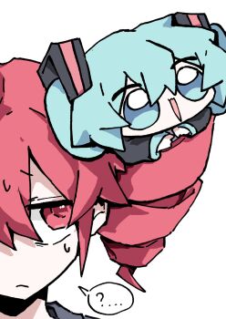 2girls ? aqua_eyes aqua_hair drill_hair hair_ornament hatsune_miku highres in_another&#039;s_hair kasane_teto mini_person minigirl multiple_girls mumu323m open_mouth red_eyes red_hair smile spoken_question_mark twin_drills utau vocaloid