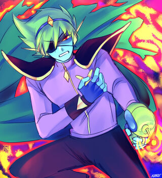 Rule 34 | 1boy, angry, armor, black pants, blue gloves, blue hairband, blue skin, cape, captain spaceboy, clenched teeth, colored skin, commentary, cowboy shot, double-parted bangs, energy gun, english commentary, eyepatch, fingerless gloves, gem, gloves, green cape, green hair, hair between eyes, hairband, hand on own chest, highres, holding ray gun, jacket, k0re drawings, long sleeves, looking at viewer, male focus, omori, one eye covered, outline, pants, pink background, purple jacket, ray gun, red eyes, red outline, shaded face, short hair, shoulder armor, simple background, solo, standing, teeth, torn cape, torn clothes, turtleneck, turtleneck jacket, weapon, yellow gem, yellow trim, zipper