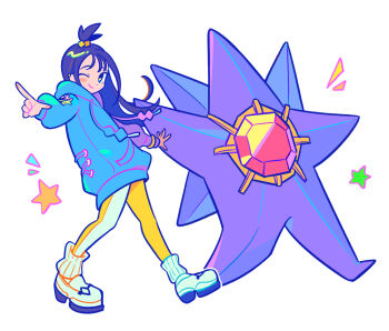 1girl ;) black_hair blue_hoodie blush_stickers bracelet chueog closed_mouth commentary_request gen_1_pokemon hood hood_down hoodie index_finger_raised jewelry korean_commentary leggings lida_(pokemon) long_hair long_sleeves mega_starmie nintendo one_eye_closed pokemon pokemon_legends:_z-a ribbed_socks shoes single_blush_sticker smile socks standing star_(symbol) starmie tassel