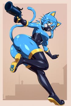 1girl absurdres aiming aiming_at_viewer animal_ears ass black_boots black_gloves blu_pyro_(tf2) blue_bodysuit blue_eyes blue_hair bodysuit boots brown_background cat_ears cat_tail commission fake_animal_ears fake_tail flare_gun full_body genderswap genderswap_(otf) gloves highres holding latex latex_bodysuit latex_gloves lindaroze looking_at_viewer mask pyro_(tf2) respirator second-party_source shoe_soles short_hair solo tail team_fortress_2 thigh_boots zipper